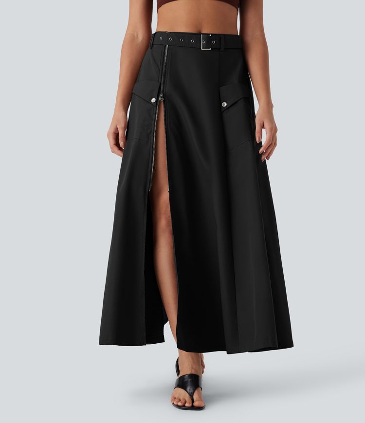 Orta Bel Kemerli, Fermuarlı Cepli Günlük Maksi Etek