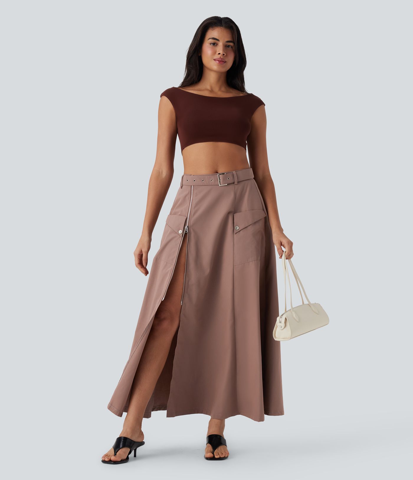 Mid Rise Belted Zipper Maxi Casual Skirt with Pockets
