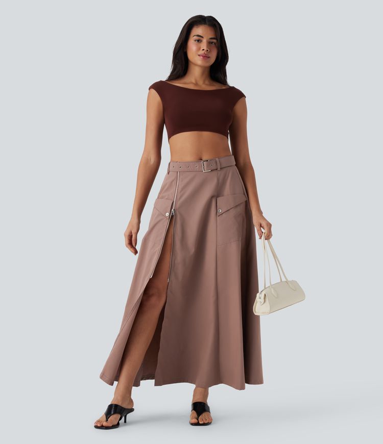 Mid Rise Belted Zipper Maxi Casual Skirt with Pockets