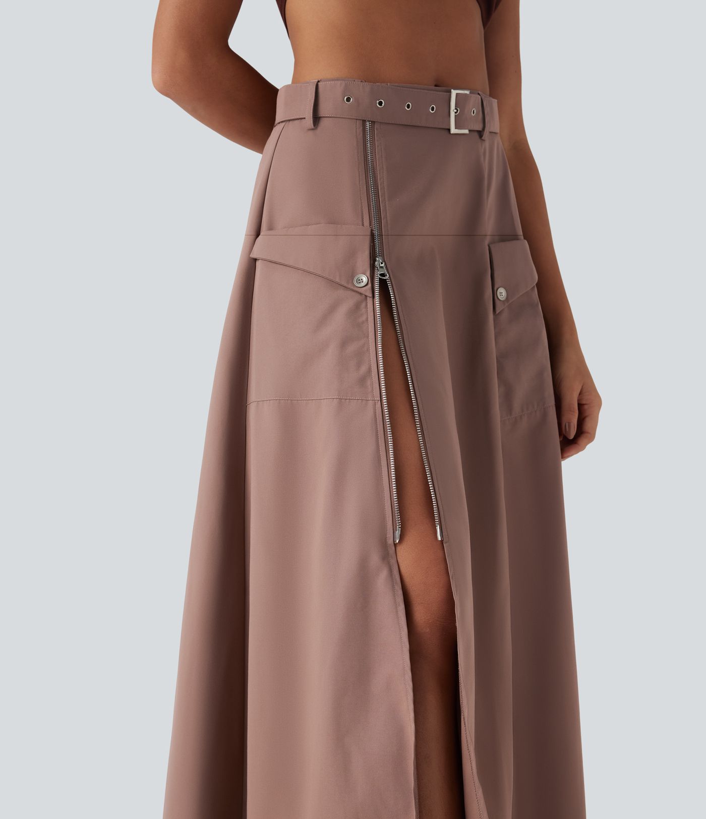 Mid Rise Belted Zipper Maxi Casual Skirt with Pockets