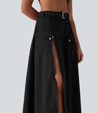 Orta Bel Kemerli, Fermuarlı Cepli Günlük Maksi Etek