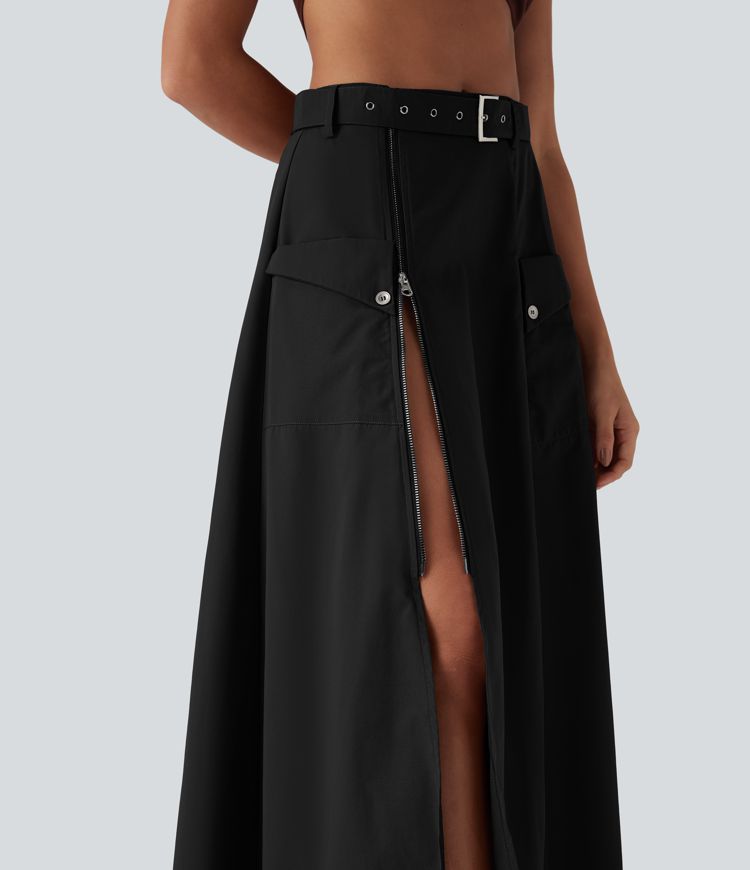 Orta Bel Kemerli, Fermuarlı Cepli Günlük Maksi Etek