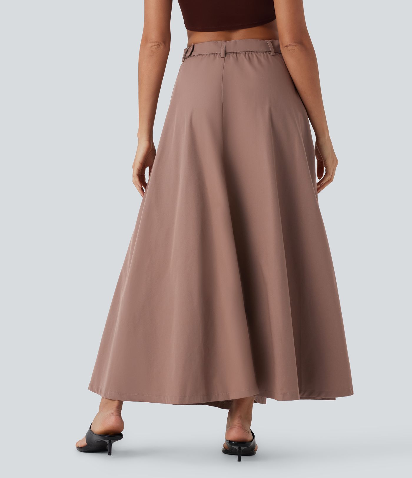 Mid Rise Belted Zipper Maxi Casual Skirt with Pockets