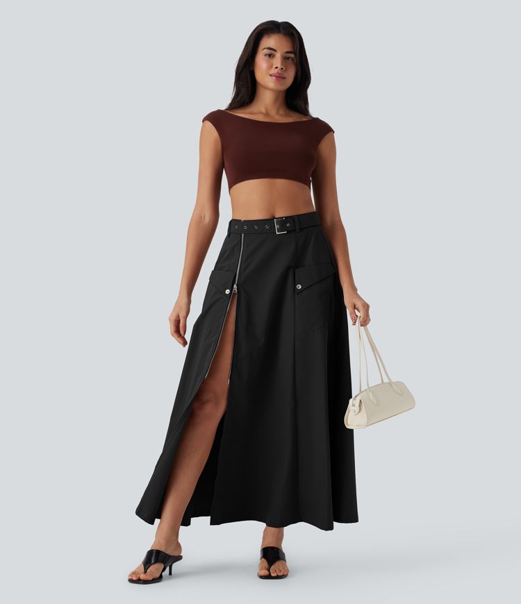 Orta Bel Kemerli, Fermuarlı Cepli Günlük Maksi Etek