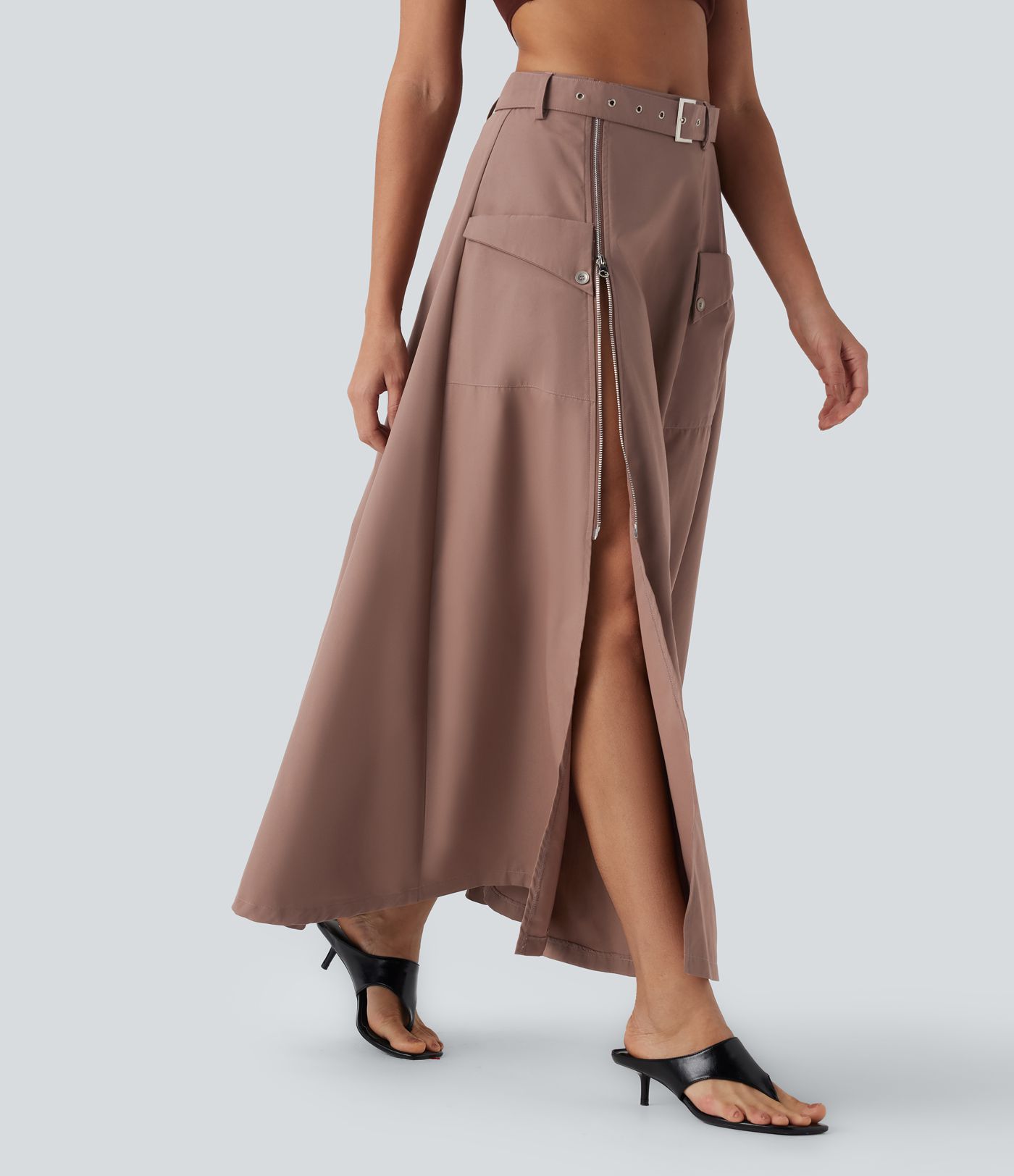 Mid Rise Belted Zipper Maxi Casual Skirt with Pockets
