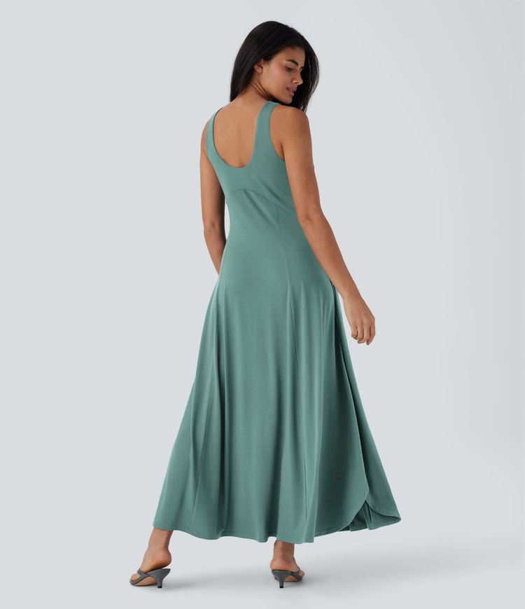 U Neck Backless Split Flowy Maxi Casual Tank Dress