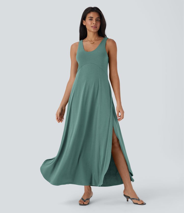 U Neck Backless Split Flowy Maxi Casual Tank Dress
