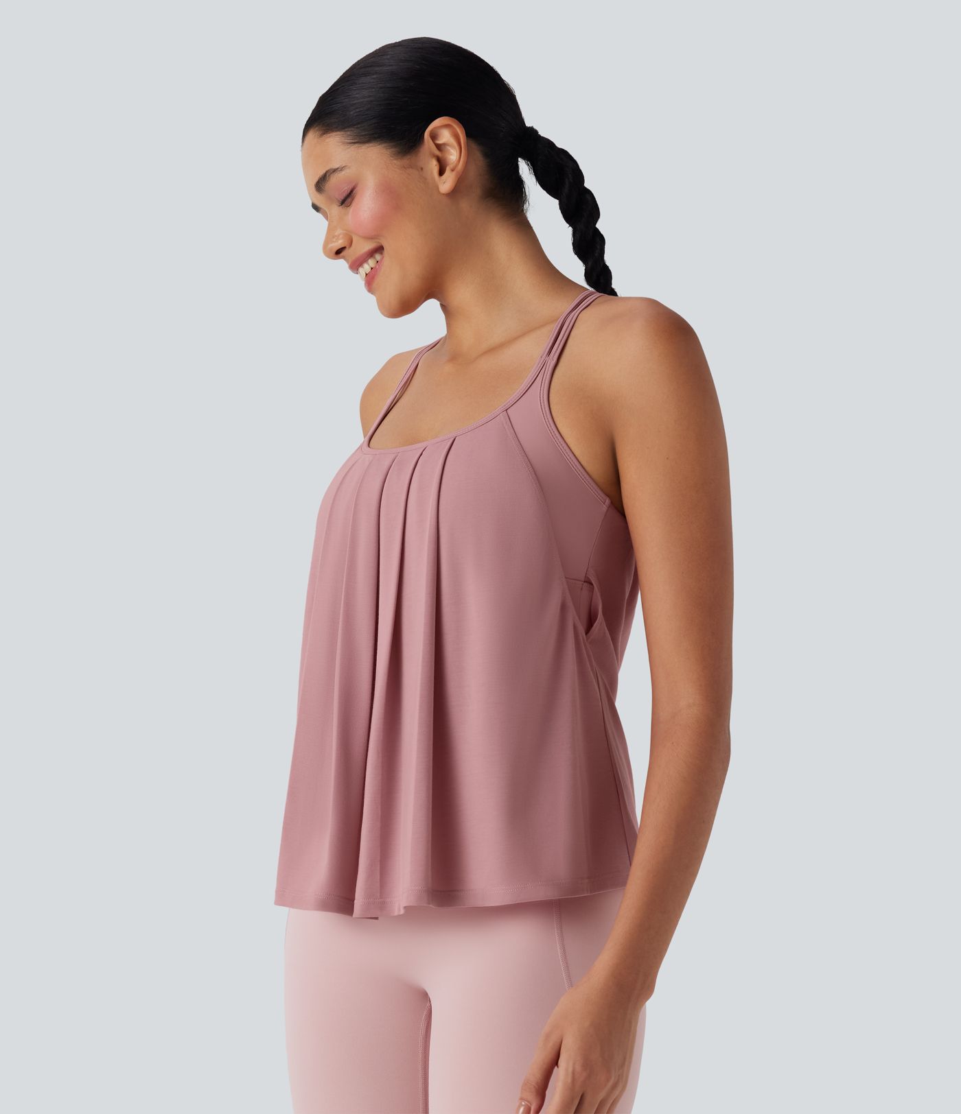 Débardeur yoga plissé à dos nu avec bretelles croisées et séchage rapide
