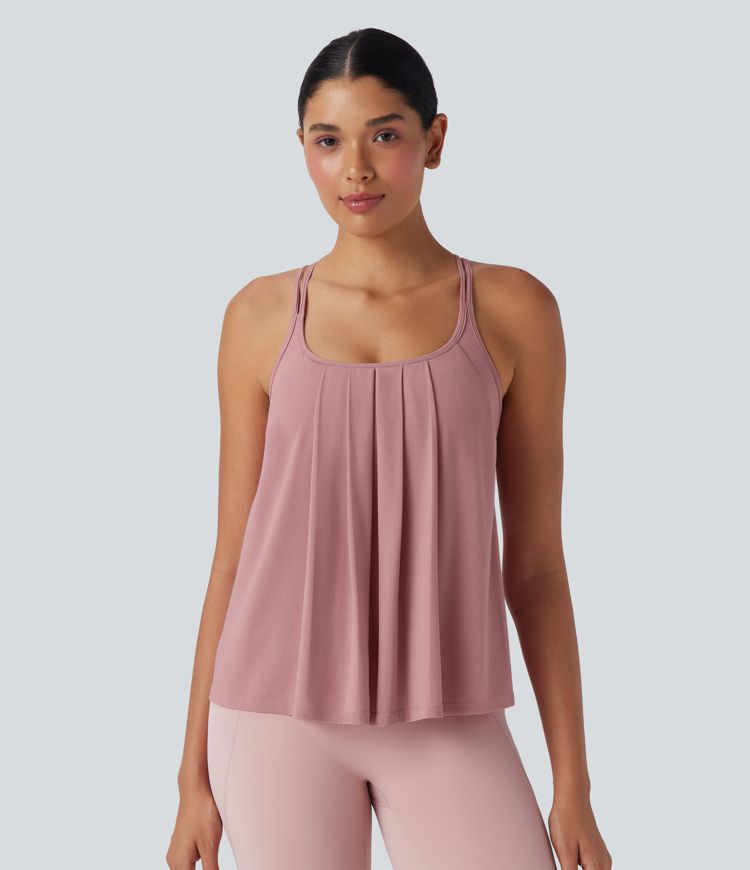 Crisscross Backless Double Straps Pleated Quick Dry Yoga Cami Top