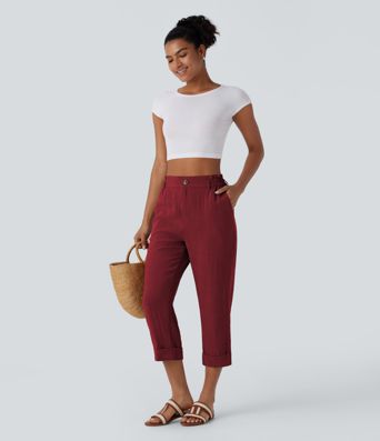 High Waisted Zipper Pocket Cropped Linen-Feel Pants