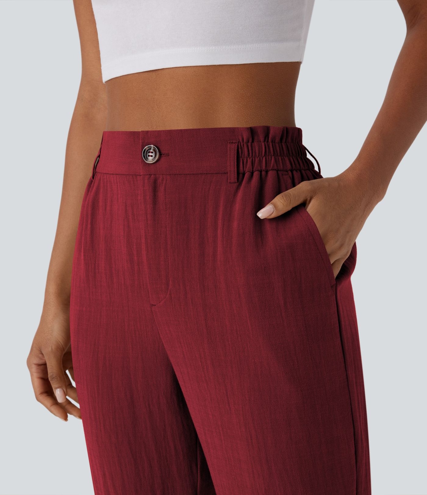 High Waisted Zipper Pocket Cropped Linen-Feel Pants