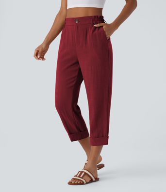 High Waisted Zipper Pocket Cropped Linen-Feel Pants