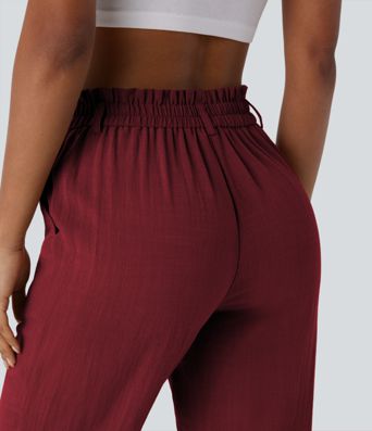 High Waisted Zipper Pocket Cropped Linen-Feel Pants