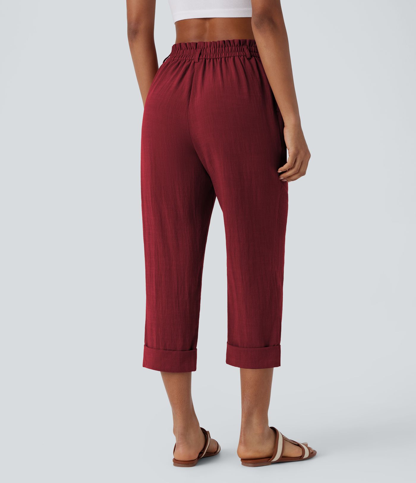 High Waisted Zipper Pocket Cropped Linen-Feel Pants