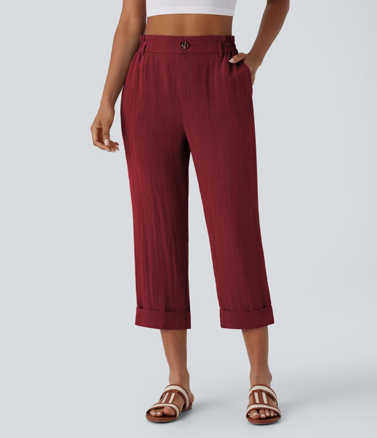 High Waisted Zipper Pocket Cropped Linen-Feel Pants