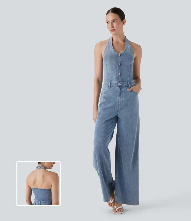 Halara Flex™ Halter Wide Leg Denim Casual Jumpsuit with Pockets