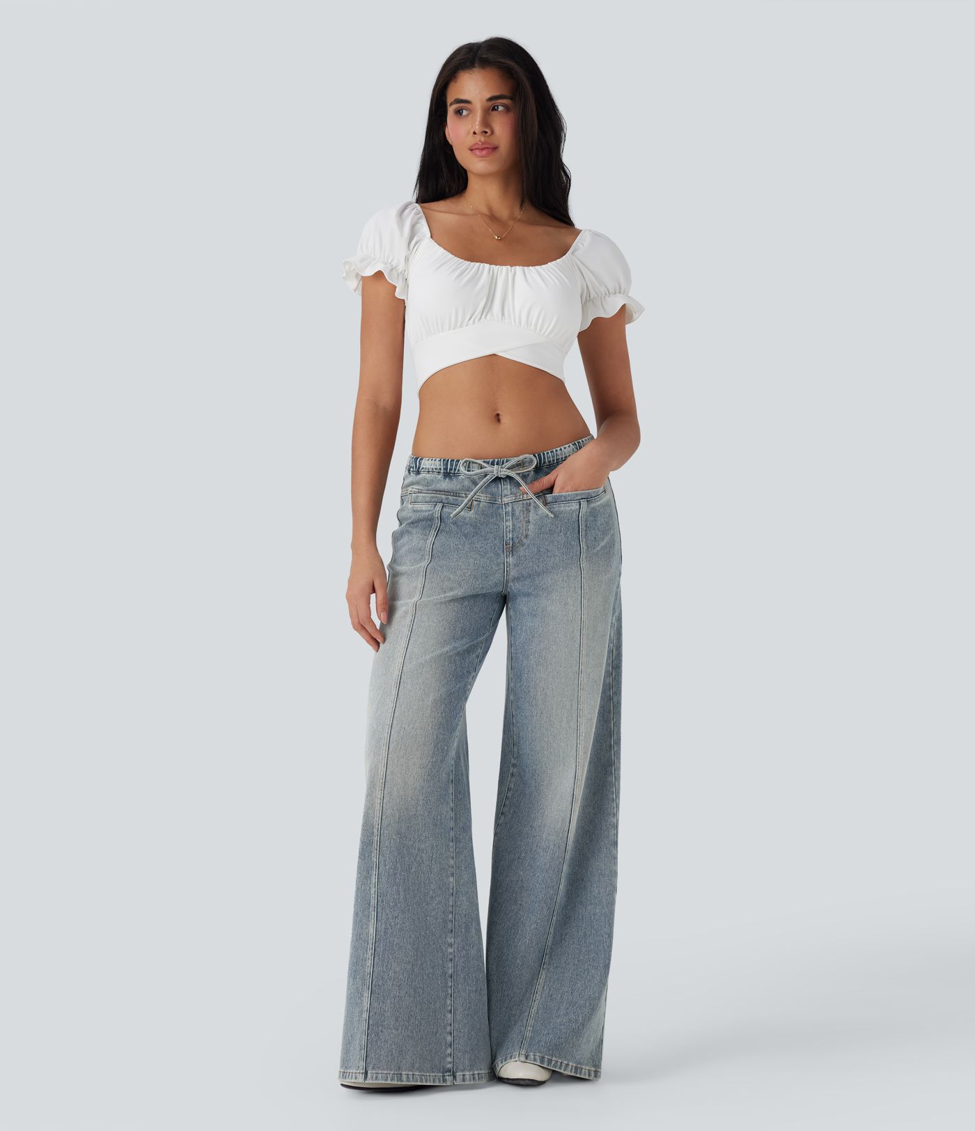 Jeans Baggy Halara Flex™ Denim holgado elásticos de tiro bajo lavados con cordón y bolsillos 