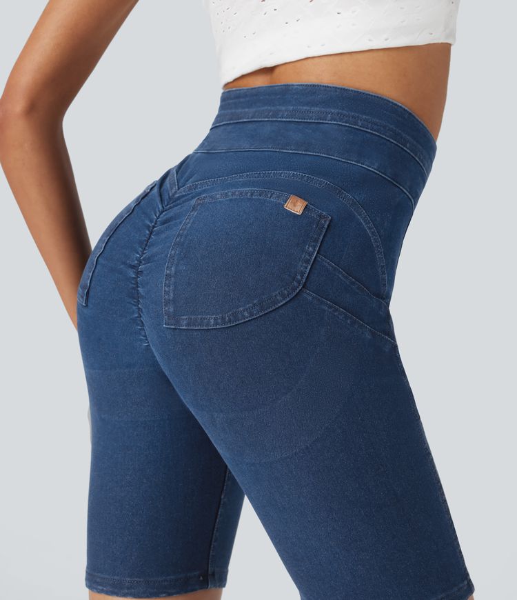 Halara Flex™ High Waisted Butt Lifting Stretchy Knit Denim Casual Biker Shorts with Pockets