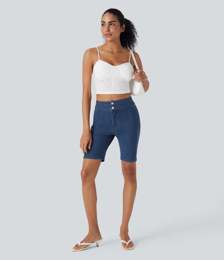 Halara Flex™ High Waisted Butt Lifting Stretchy Knit Denim Casual Biker Shorts with Pockets