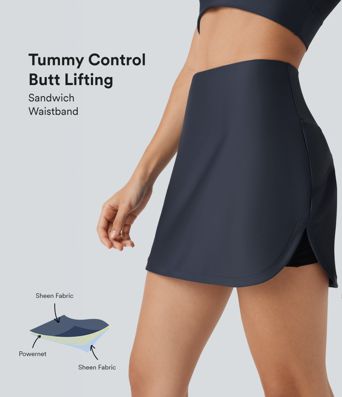 SoCinched ハイウエスト・腹部コントロール・ヒップアップ、カーブヘムの2-in-1光沢ヨガスカート（ポケット付き）