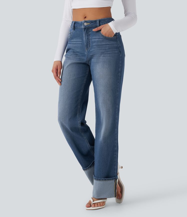 Halara Flex™ vaqueros de tiro medio con bajos remangados, pernera recta y holgada, con bolsillos.