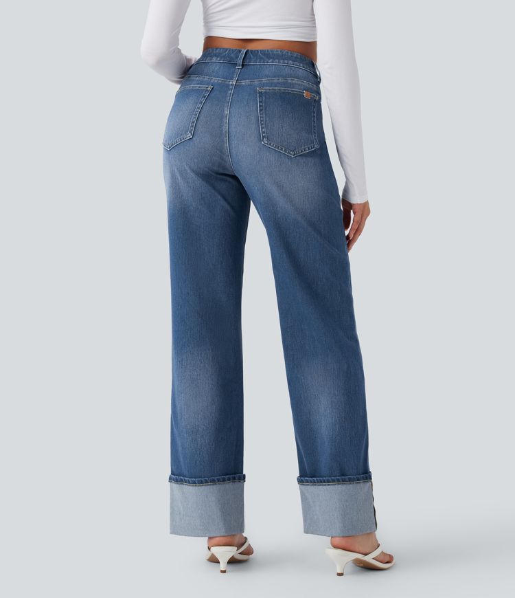 Halara Flex™ vaqueros de tiro medio con bajos remangados, pernera recta y holgada, con bolsillos.