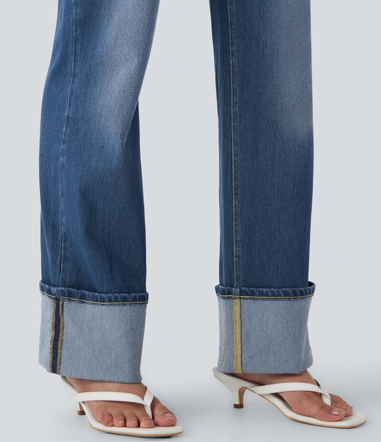 Halara Flex™ vaqueros de tiro medio con bajos remangados, pernera recta y holgada, con bolsillos.