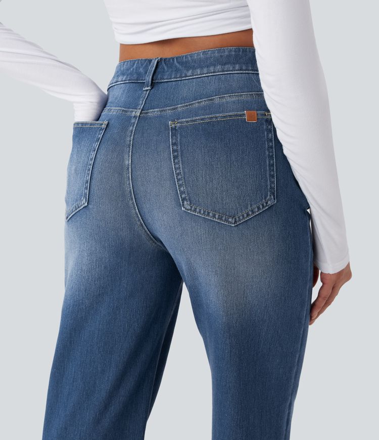 Halara Flex™ vaqueros de tiro medio con bajos remangados, pernera recta y holgada, con bolsillos.