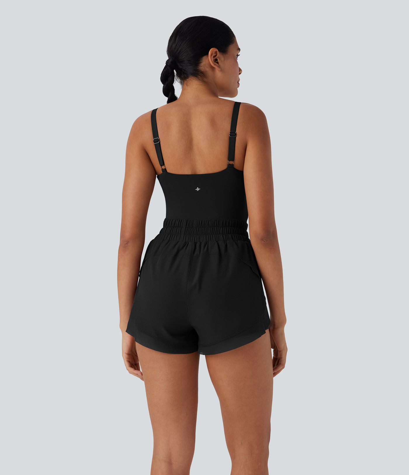Backless Shirred Drawstring 2-in-1 Running Romper with Side Pockets