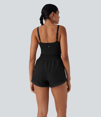 Backless Shirred Drawstring 2-in-1 Running Romper with Side Pockets
