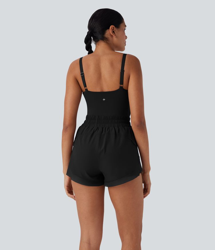 Backless Shirred Drawstring 2-in-1 Running Romper with Side Pockets