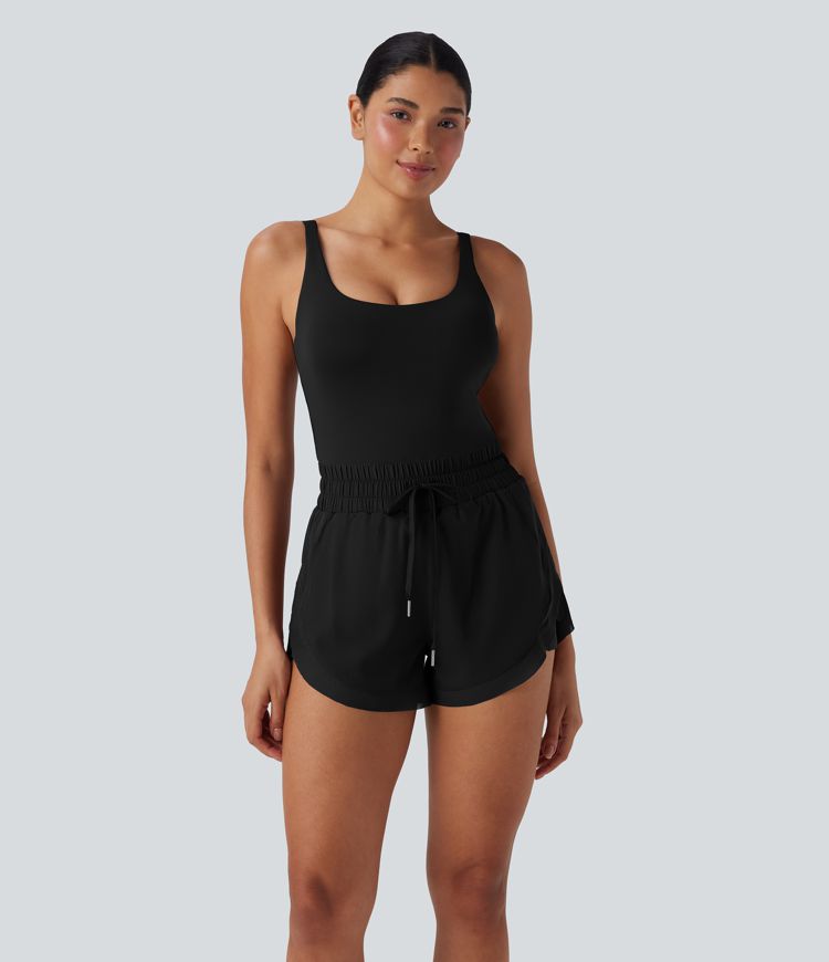 Backless Shirred Drawstring 2-in-1 Running Romper with Side Pockets