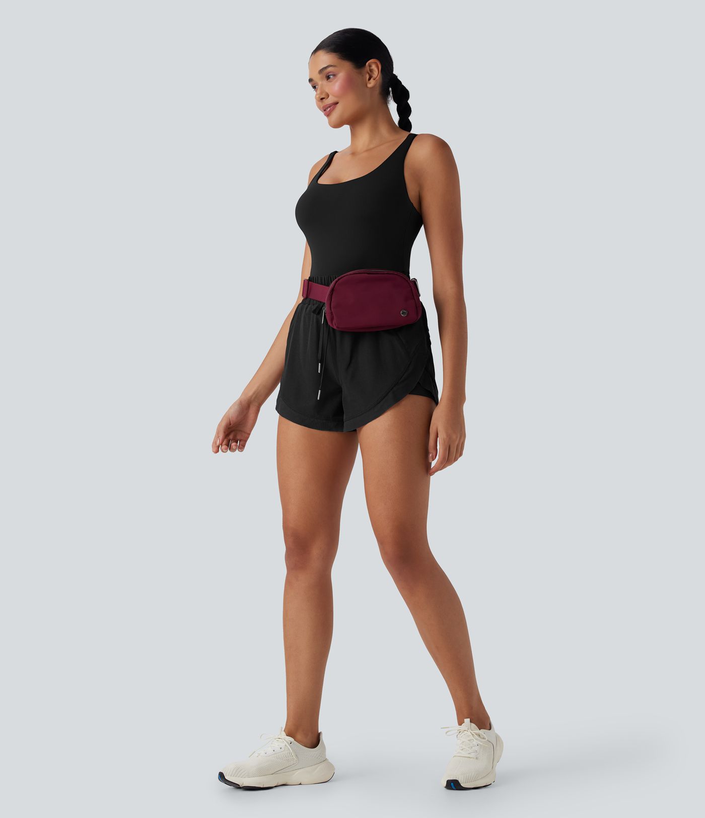 Backless Shirred Drawstring 2-in-1 Running Romper with Side Pockets