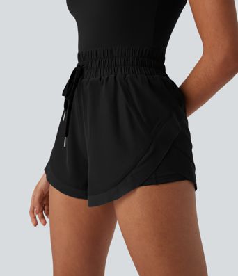 Backless Shirred Drawstring 2-in-1 Running Romper with Side Pockets