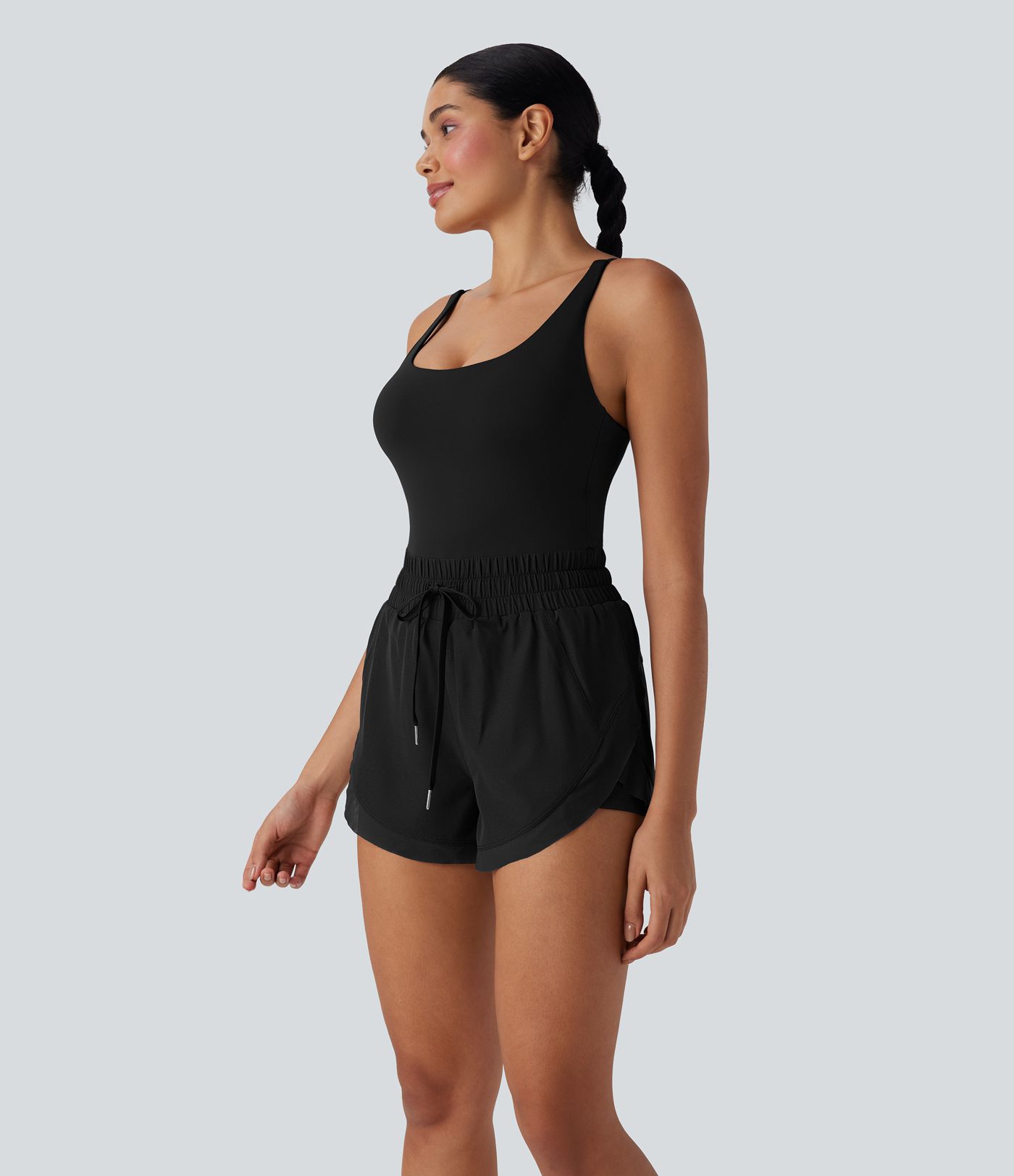 Backless Shirred Drawstring 2-in-1 Running Romper with Side Pockets