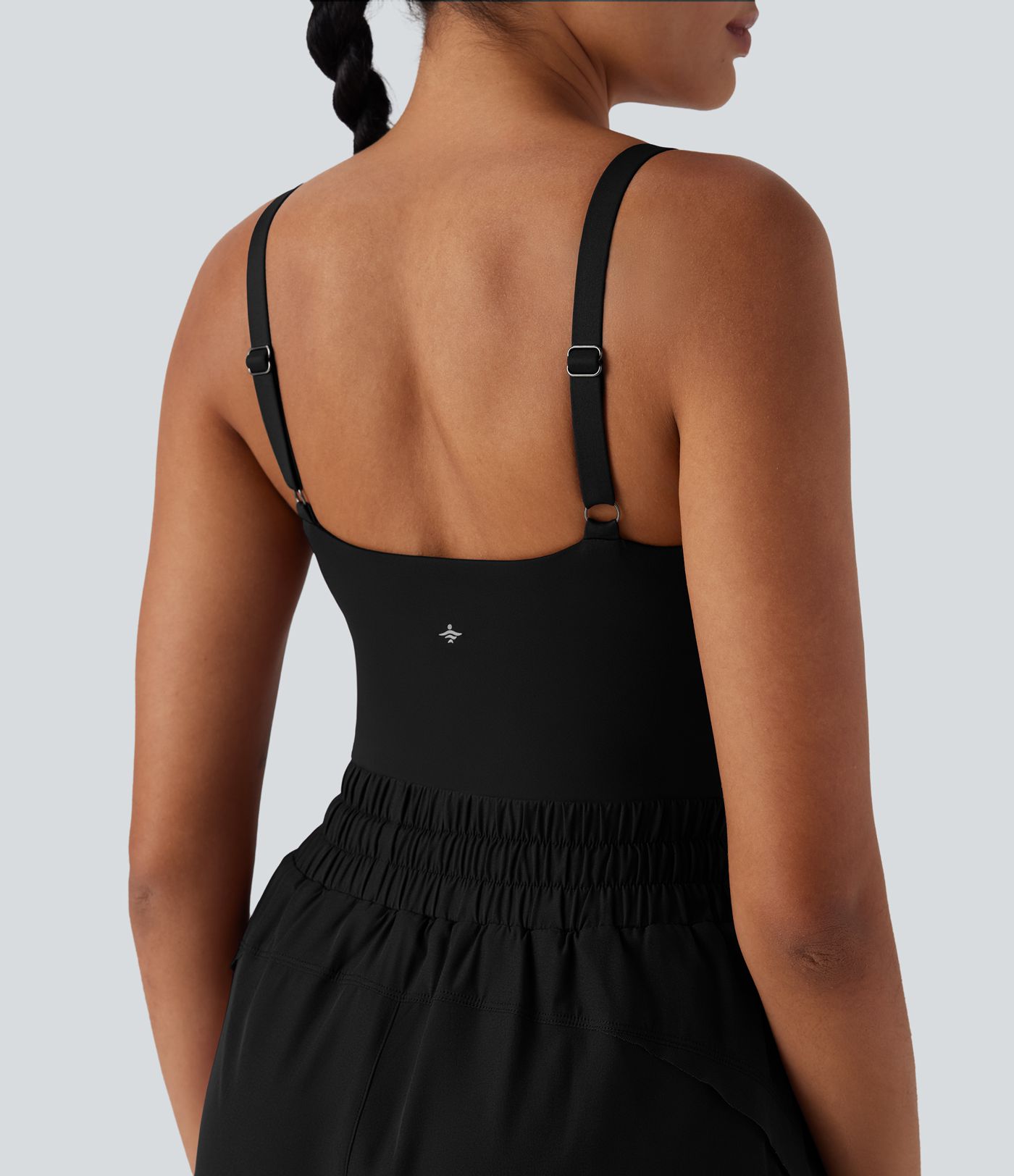Backless Shirred Drawstring 2-in-1 Running Romper with Side Pockets
