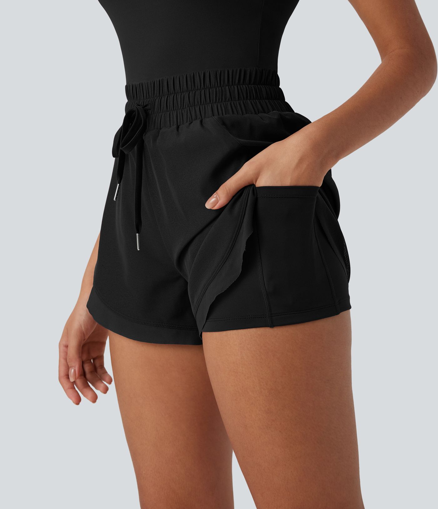 Backless Shirred Drawstring 2-in-1 Running Romper with Side Pockets
