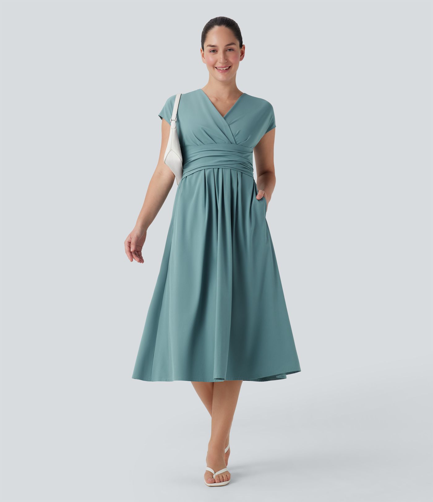 Breezeful™ V Neck Short Sleeve Side Pocket Tie Back Quick Dry Midi Casual Dress