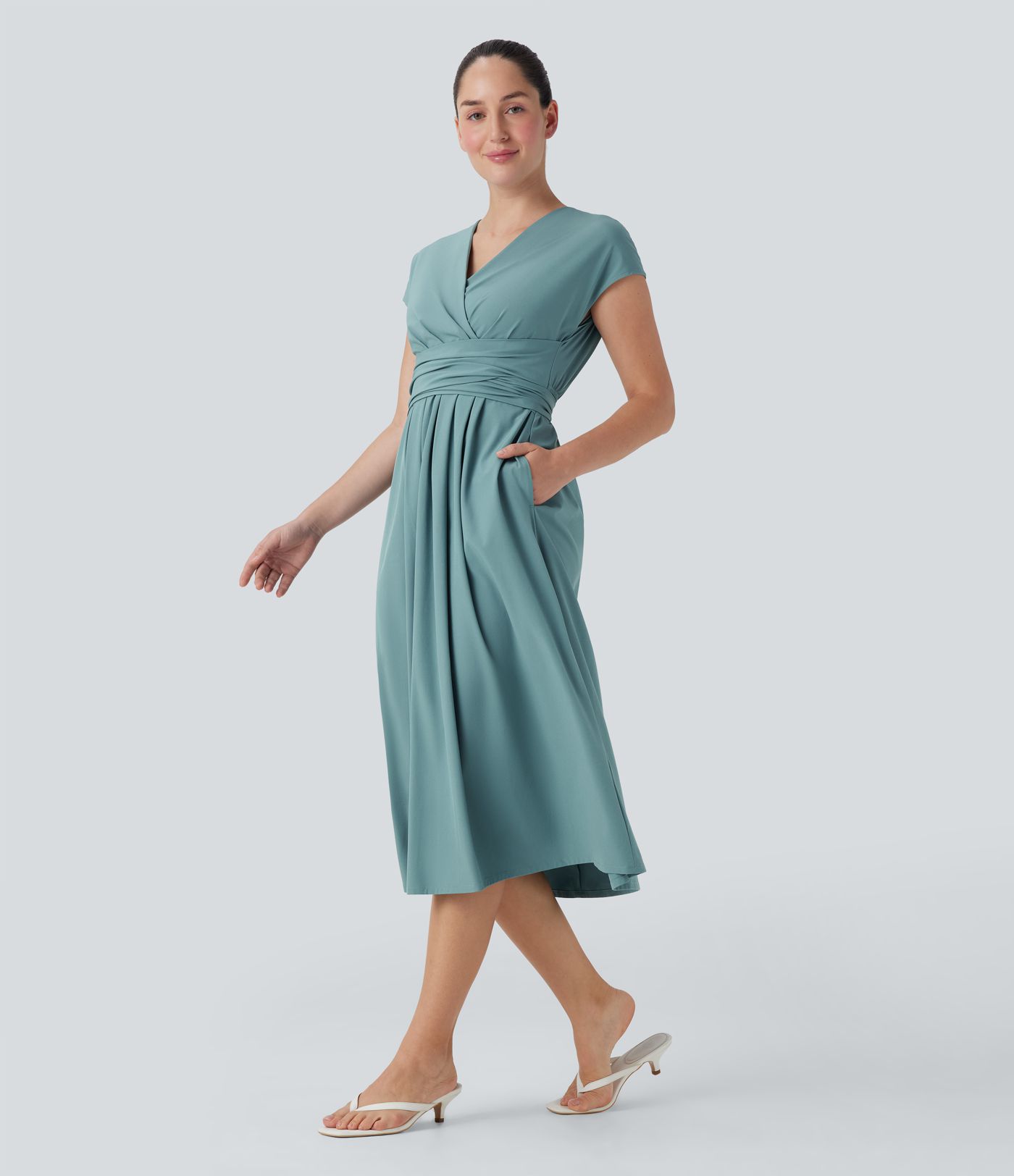 Breezeful™ V Neck Short Sleeve Side Pocket Tie Back Quick Dry Midi Casual Dress