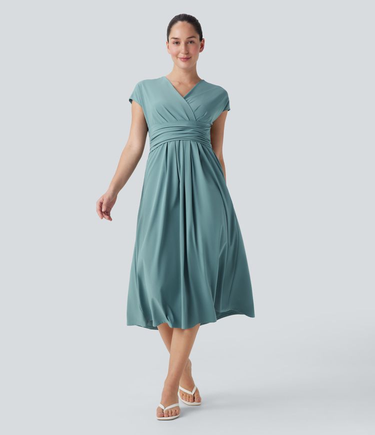 Breezeful™ V Neck Short Sleeve Side Pocket Tie Back Quick Dry Midi Casual Dress