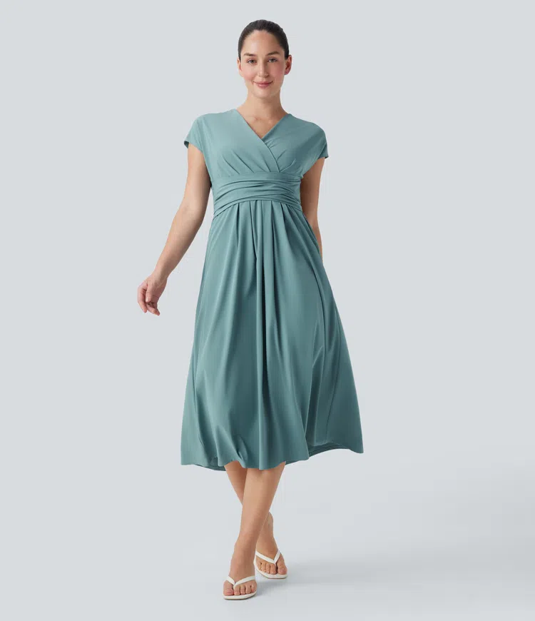 Breezeful™ V Neck Short Sleeve Pocket Tie Back Quick Dry Midi Casual Dress