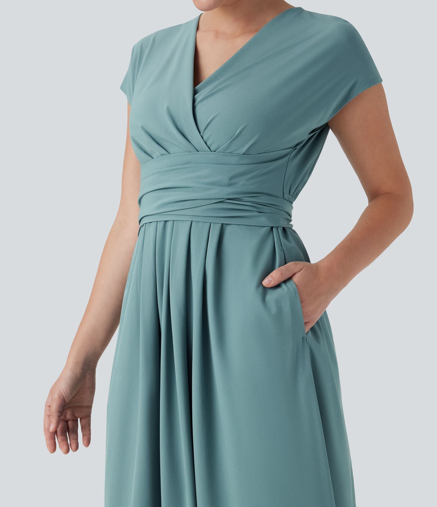 Breezeful™ V Neck Short Sleeve Side Pocket Tie Back Quick Dry Midi Casual Dress