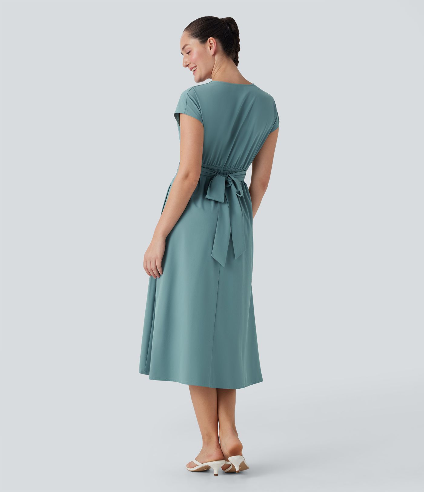 Breezeful™ V Neck Short Sleeve Side Pocket Tie Back Quick Dry Midi Casual Dress