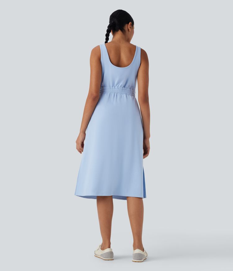 U Neck Zipper Split Knee Length Hiking Active Dress