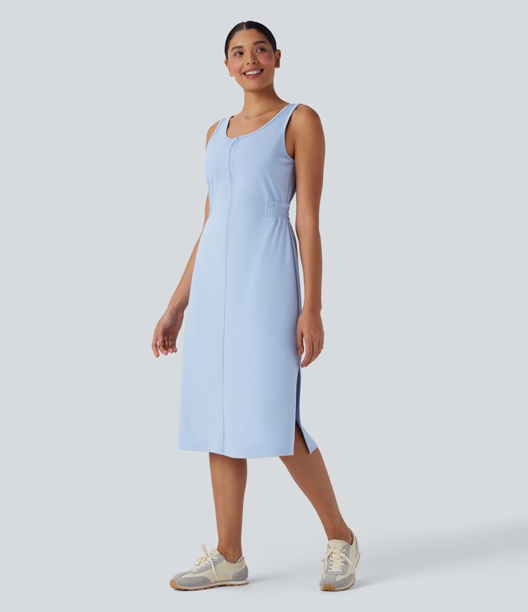 U Neck Zipper Split Knee Length Hiking Active Dress