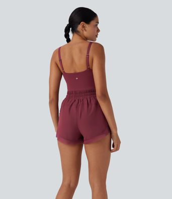 Shirred Drawstring 2-in-1 Running Romper with Pockets