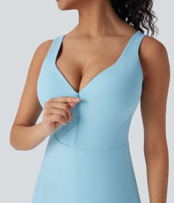 SoftlyZero™ Plush Push-Up Molded Cups Zipper 2-in-1 Yoga Active Dress with Pockets-Easy Peezy E-G Cups