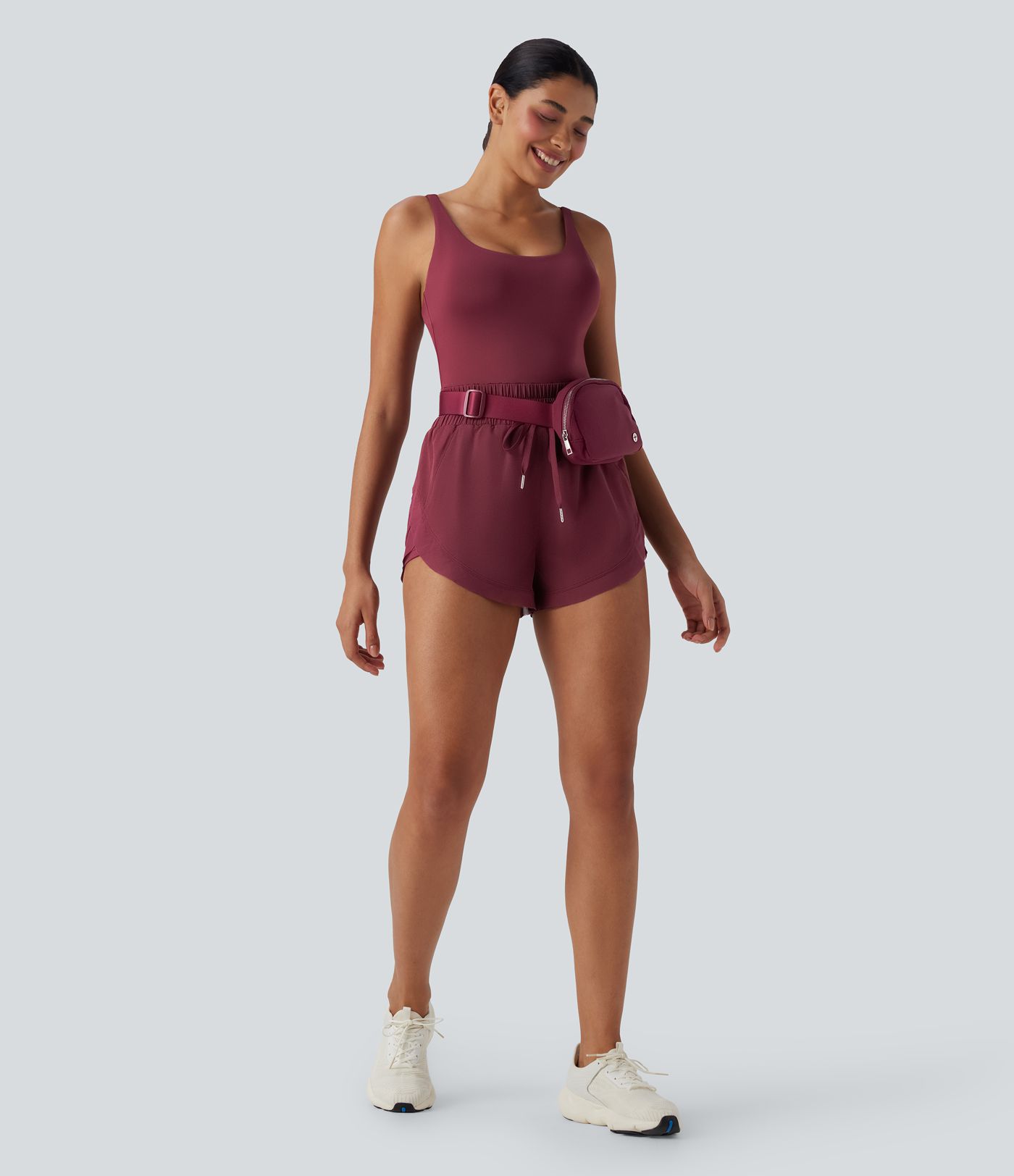 Shirred Drawstring 2-in-1 Running Romper with Pockets