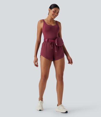 Shirred Drawstring 2-in-1 Running Romper with Pockets