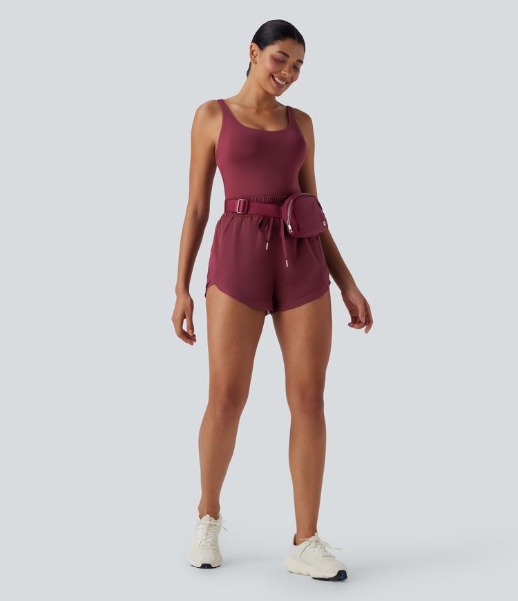 Shirred Drawstring 2-in-1 Running Romper with Pockets